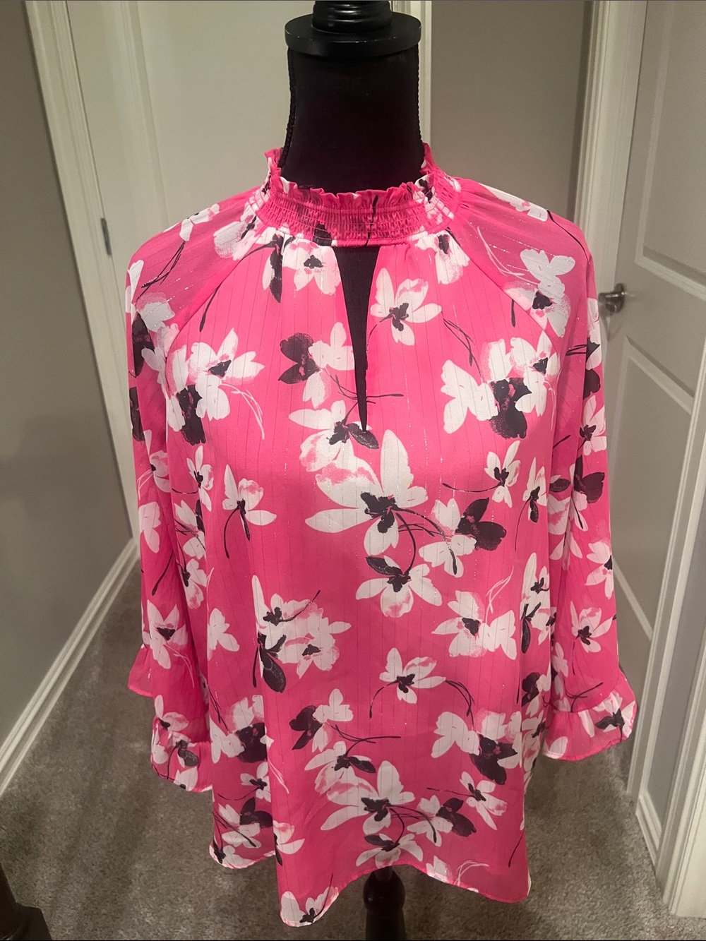 Cato Hot Pink Floral Ruffle Mock-Neck Blouse